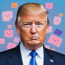 Ultra kawaii-style illustration of Donald Trump with elements of internet culture and memes, with a glitch art effect.