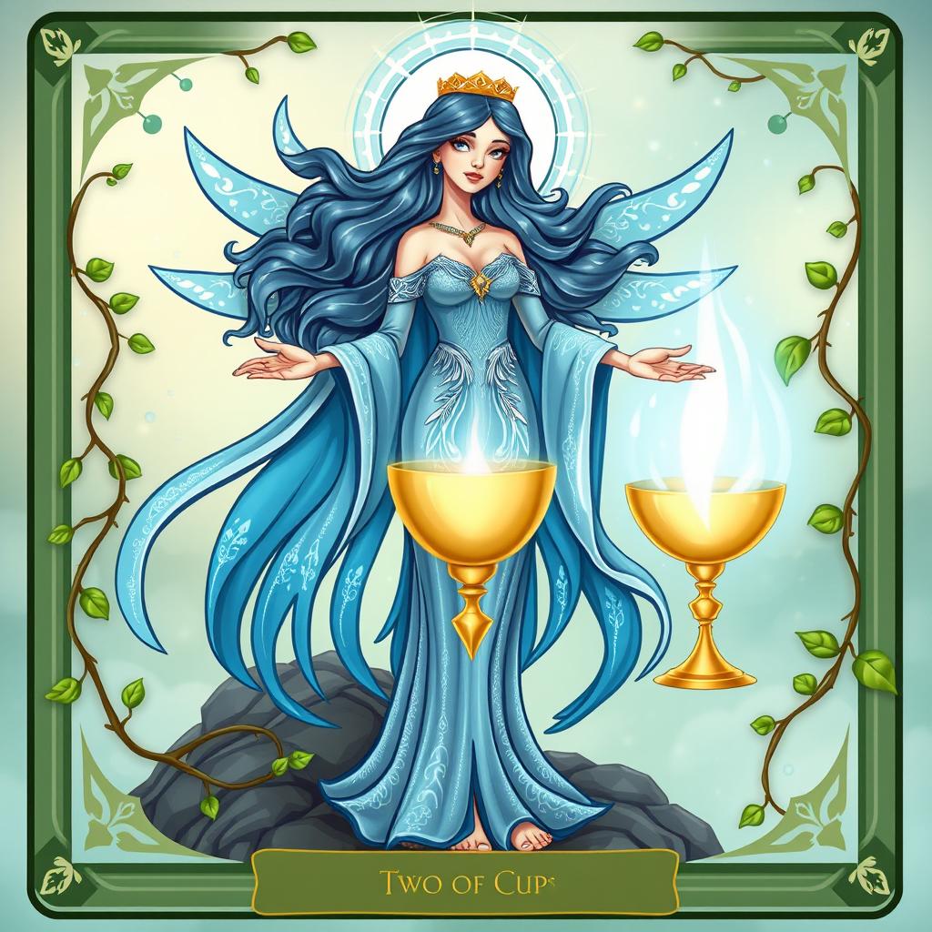 A divine goddess embodying the essence of the Suit of Cups, radiating emotions, relationships, and intuition