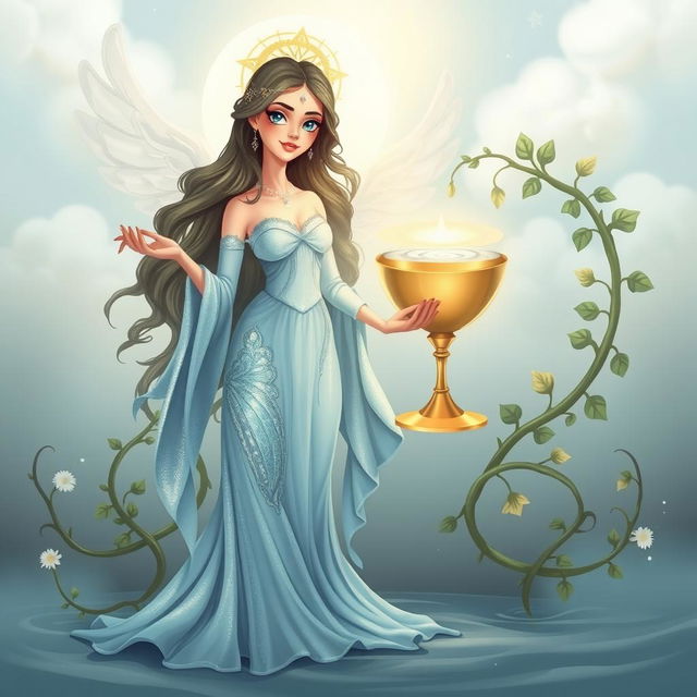 A divine goddess embodying the essence of the Suit of Cups, radiating emotions, relationships, and intuition