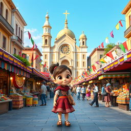 a Disney Pixar-style cartoon girl exploring a vibrant city square that culturally blends elements from Armenia, Azerbaijan, and Georgia