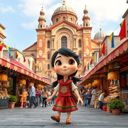 a Disney Pixar-style cartoon girl exploring a vibrant city square that culturally blends elements from Armenia, Azerbaijan, and Georgia