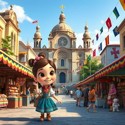 a Disney Pixar-style cartoon girl exploring a vibrant city square that culturally blends elements from Armenia, Azerbaijan, and Georgia