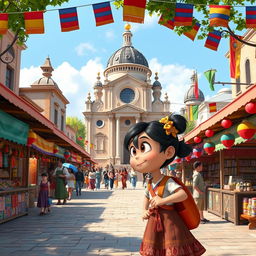 a Disney Pixar-style cartoon girl exploring a vibrant city square that culturally blends elements from Armenia, Azerbaijan, and Georgia