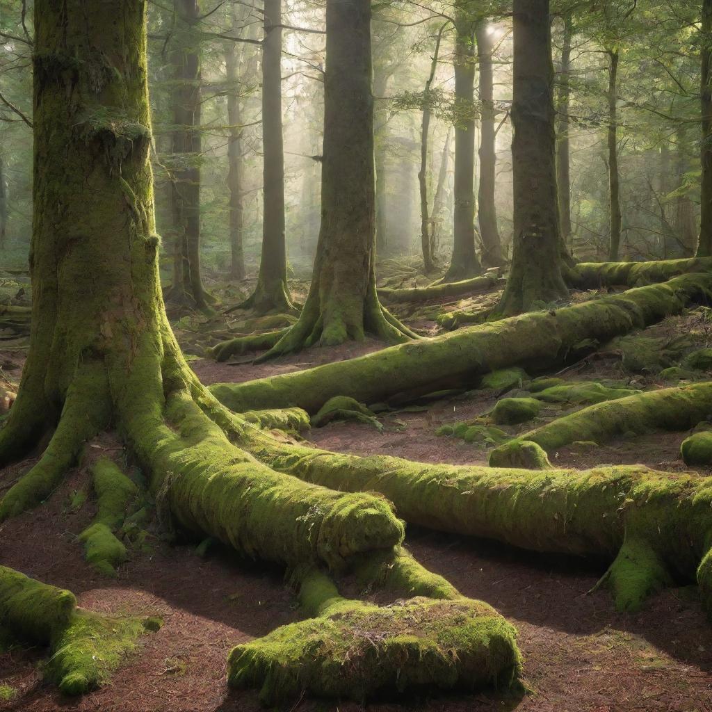 A tranquil forest scene, with morning sunlight filtering through the dense canopy, illuminating the mossy forest floor and ancient woodland trees.