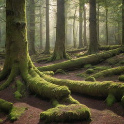 A tranquil forest scene, with morning sunlight filtering through the dense canopy, illuminating the mossy forest floor and ancient woodland trees.