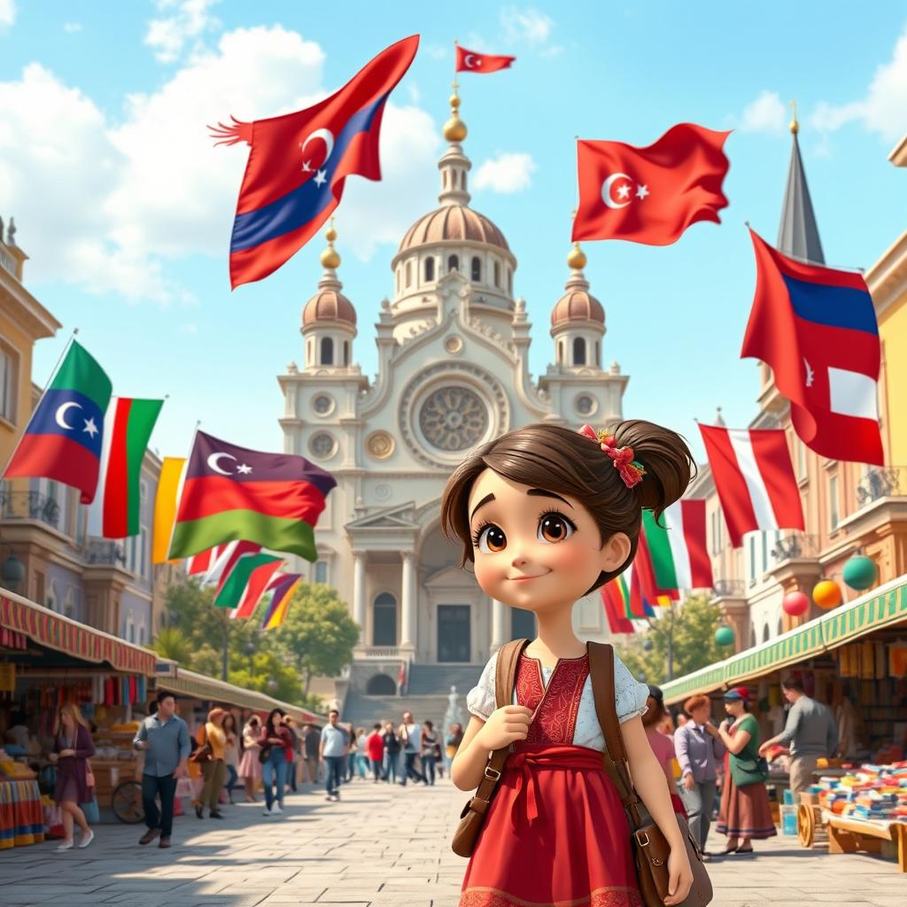 a Disney Pixar-style cartoon girl exploring a vibrant city square that culturally blends elements from Armenia, Azerbaijan, and Georgia