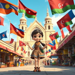 a Disney Pixar-style cartoon girl exploring a vibrant city square that culturally blends elements from Armenia, Azerbaijan, and Georgia