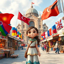 a Disney Pixar-style cartoon girl exploring a vibrant city square that culturally blends elements from Armenia, Azerbaijan, and Georgia