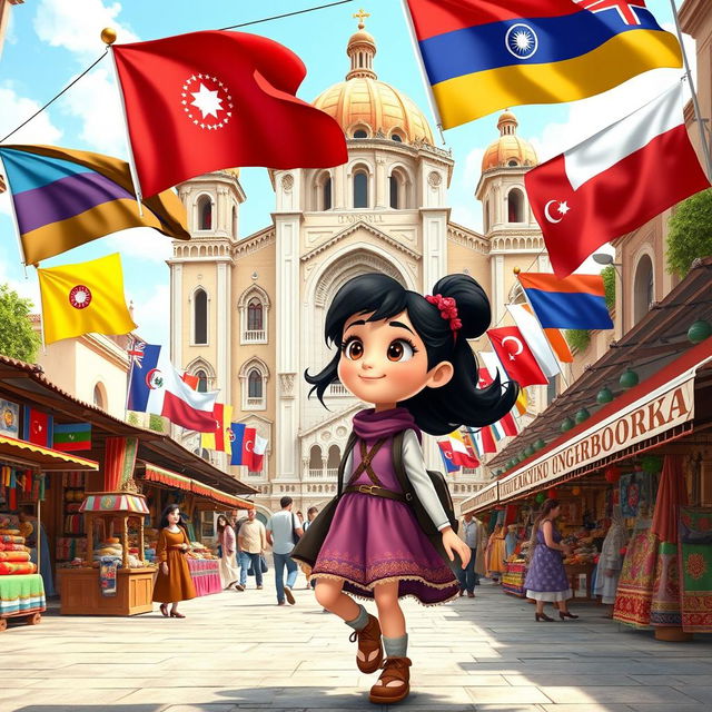 a Disney Pixar-style cartoon girl exploring a vibrant city square that culturally blends elements from Armenia, Azerbaijan, and Georgia