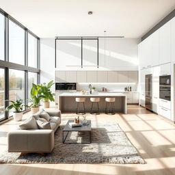 A beautifully designed modern kitchen seamlessly integrated with a living room