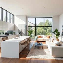 A beautifully designed modern kitchen seamlessly integrated with a living room