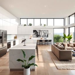 A beautifully designed modern kitchen seamlessly integrated with a living room