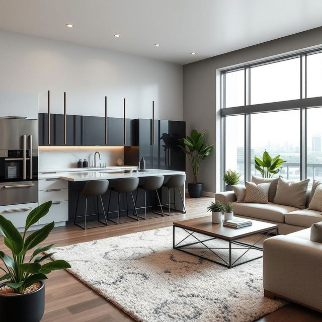 A beautifully designed modern kitchen seamlessly integrated with a living room