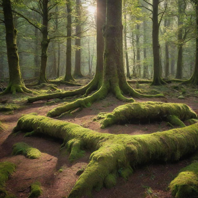 A tranquil forest scene, with morning sunlight filtering through the dense canopy, illuminating the mossy forest floor and ancient woodland trees.