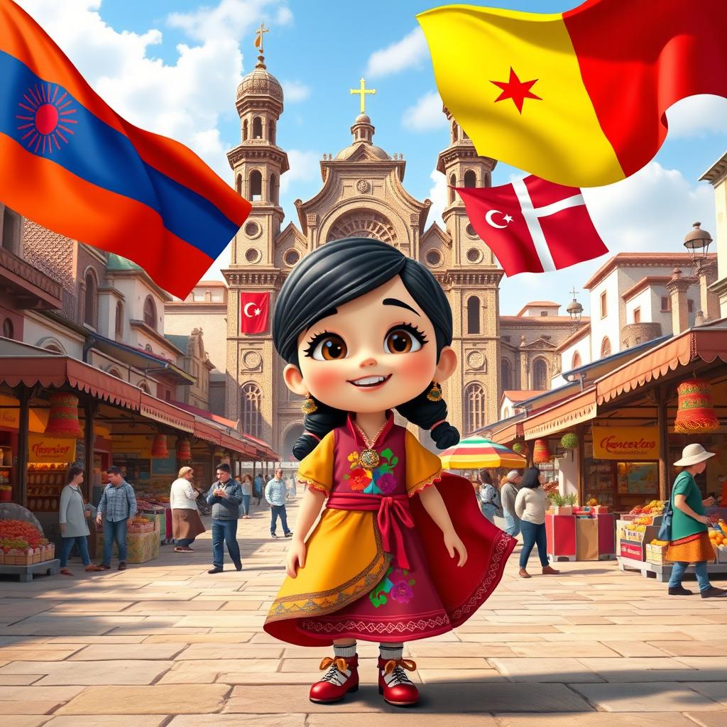 a Disney Pixar-style cartoon girl full of joy and curiosity, standing in a colorful city square that artistically blends cultural and architectural elements from Armenia, Azerbaijan, and Georgia