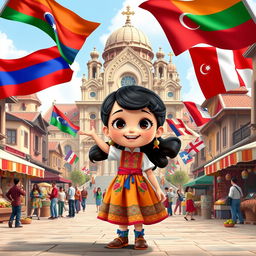 a Disney Pixar-style cartoon girl full of joy and curiosity, standing in a colorful city square that artistically blends cultural and architectural elements from Armenia, Azerbaijan, and Georgia