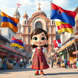 a Disney Pixar-style cartoon girl full of joy and curiosity, standing in a colorful city square that artistically blends cultural and architectural elements from Armenia, Azerbaijan, and Georgia