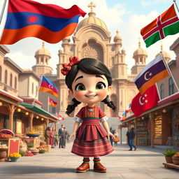 a Disney Pixar-style cartoon girl full of joy and curiosity, standing in a colorful city square that artistically blends cultural and architectural elements from Armenia, Azerbaijan, and Georgia