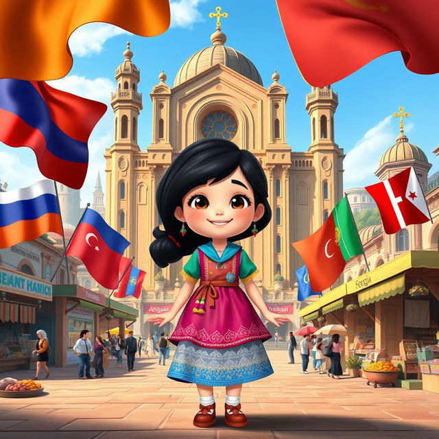 a Disney Pixar-style cartoon girl full of joy and curiosity, standing in a vibrant city square that artistically blends cultural and architectural elements from Armenia, Azerbaijan, and Georgia