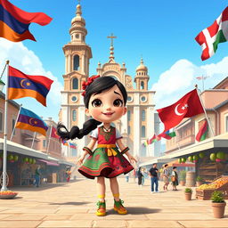 a Disney Pixar-style cartoon girl full of joy and curiosity, standing in a vibrant city square that artistically blends cultural and architectural elements from Armenia, Azerbaijan, and Georgia