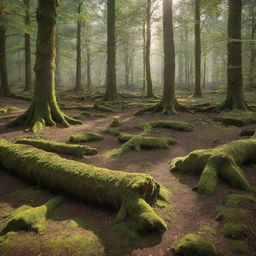 A tranquil forest scene, with morning sunlight filtering through the dense canopy, illuminating the mossy forest floor and ancient woodland trees.