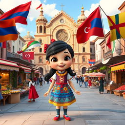 a Disney Pixar-style cartoon girl full of joy and curiosity, standing in a vibrant city square that artistically blends cultural and architectural elements from Armenia, Azerbaijan, and Georgia