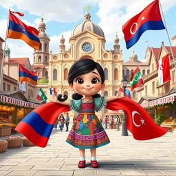 a Disney Pixar-style cartoon girl full of joy and curiosity, standing in a vibrant city square that artistically blends cultural and architectural elements from Armenia, Azerbaijan, and Georgia