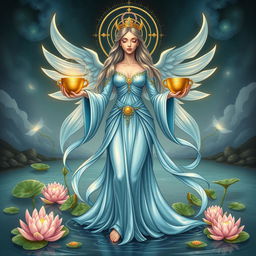 A divine goddess embodying the essence of the Suit of Cups, representing emotions, relationships, and intuition in a stylized, imaginative depiction