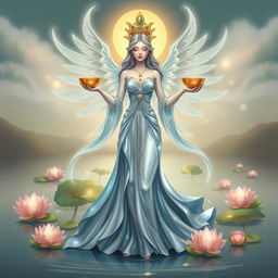 A divine goddess embodying the essence of the Suit of Cups, representing emotions, relationships, and intuition in a stylized, imaginative depiction