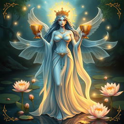 A divine goddess embodying the essence of the Suit of Cups, representing emotions, relationships, and intuition in a stylized, imaginative depiction