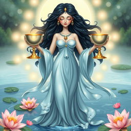 A divine goddess embodying the essence of the Suit of Cups, representing emotions, relationships, and intuition in a stylized, imaginative depiction