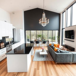 A modern kitchen seamlessly merging with a stylish living room in an open-plan design