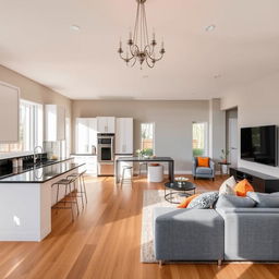 A modern kitchen seamlessly merging with a stylish living room in an open-plan design