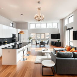 A modern kitchen seamlessly merging with a stylish living room in an open-plan design