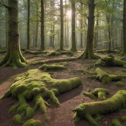 A tranquil forest scene, with morning sunlight filtering through the dense canopy, illuminating the mossy forest floor and ancient woodland trees.