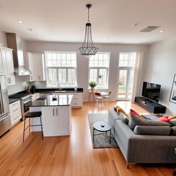 A modern kitchen seamlessly merging with a stylish living room in an open-plan design