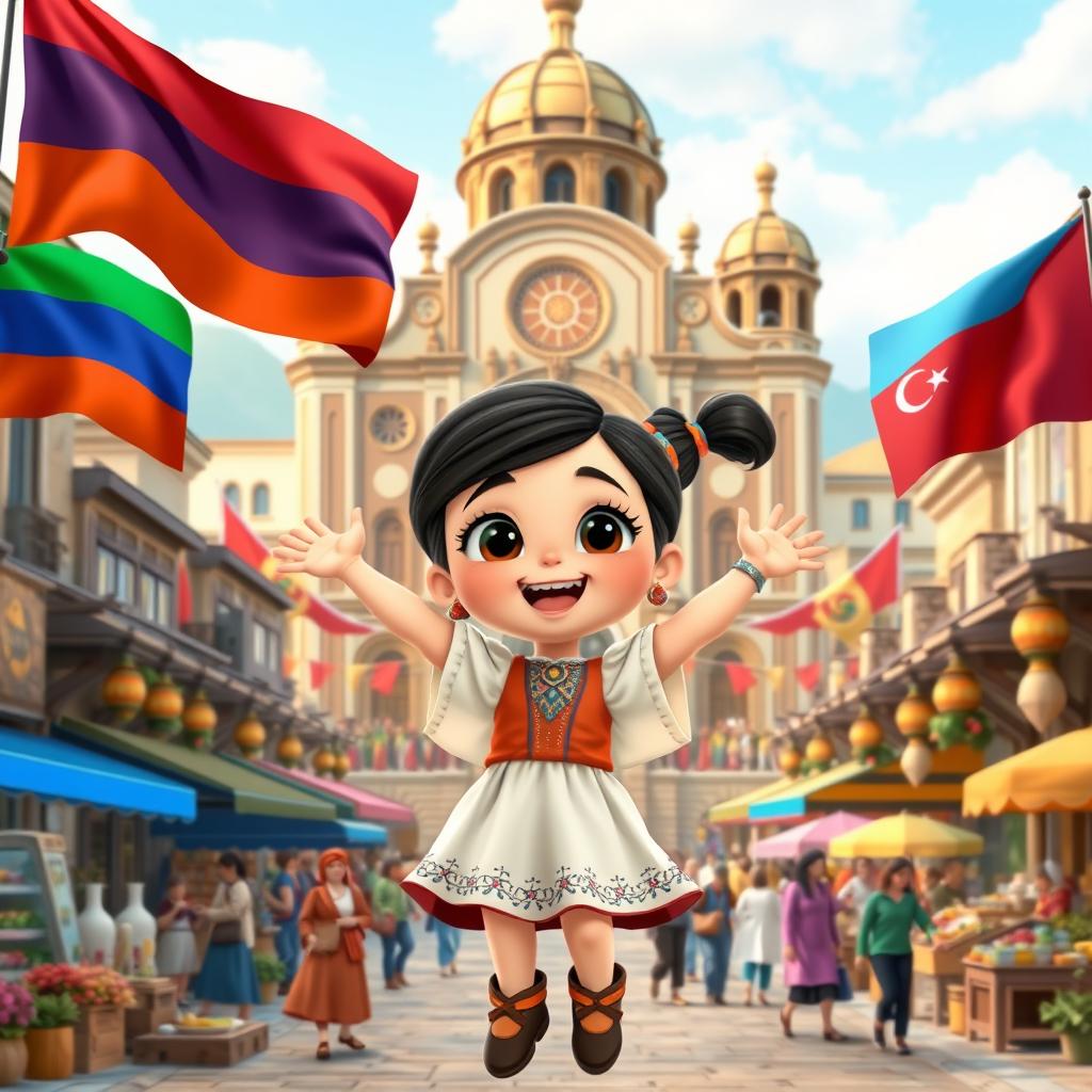 a Disney Pixar-style cartoon girl full of excitement, set against a backdrop of a vibrant city square that artistically combines cultural and architectural influences from Armenia, Azerbaijan, and Georgia