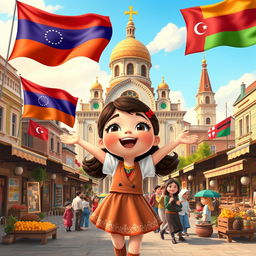 a Disney Pixar-style cartoon girl full of excitement, set against a backdrop of a vibrant city square that artistically combines cultural and architectural influences from Armenia, Azerbaijan, and Georgia