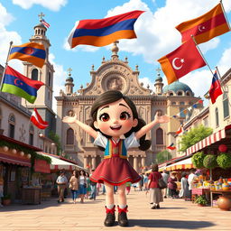 a Disney Pixar-style cartoon girl full of excitement, set against a backdrop of a vibrant city square that artistically combines cultural and architectural influences from Armenia, Azerbaijan, and Georgia