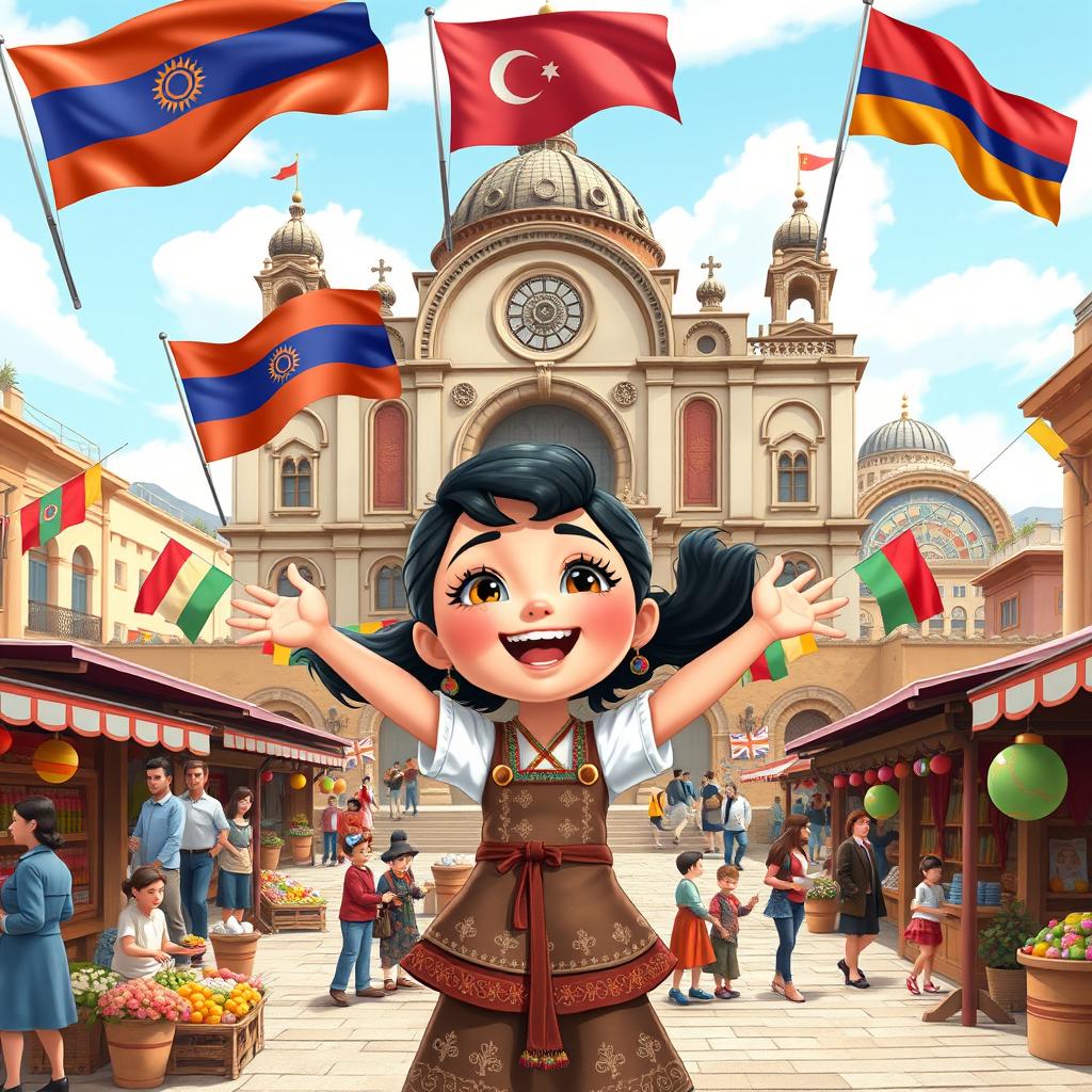 a Disney Pixar-style cartoon girl full of excitement, set against a backdrop of a vibrant city square that artistically combines cultural and architectural influences from Armenia, Azerbaijan, and Georgia