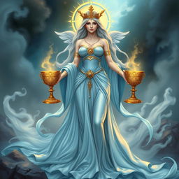 A majestic goddess representing the Suit of Cups, embodying emotions, relationships, and intuition, holding two ornate goblets