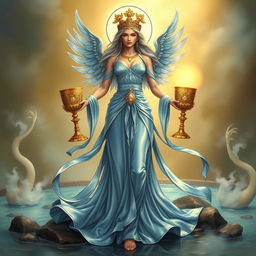 A majestic goddess representing the Suit of Cups, embodying emotions, relationships, and intuition, holding two ornate goblets