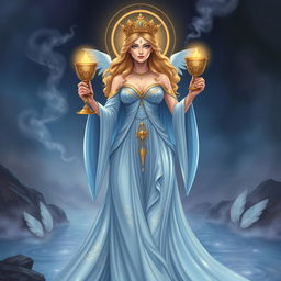 A majestic goddess representing the Suit of Cups, embodying emotions, relationships, and intuition, holding two ornate goblets