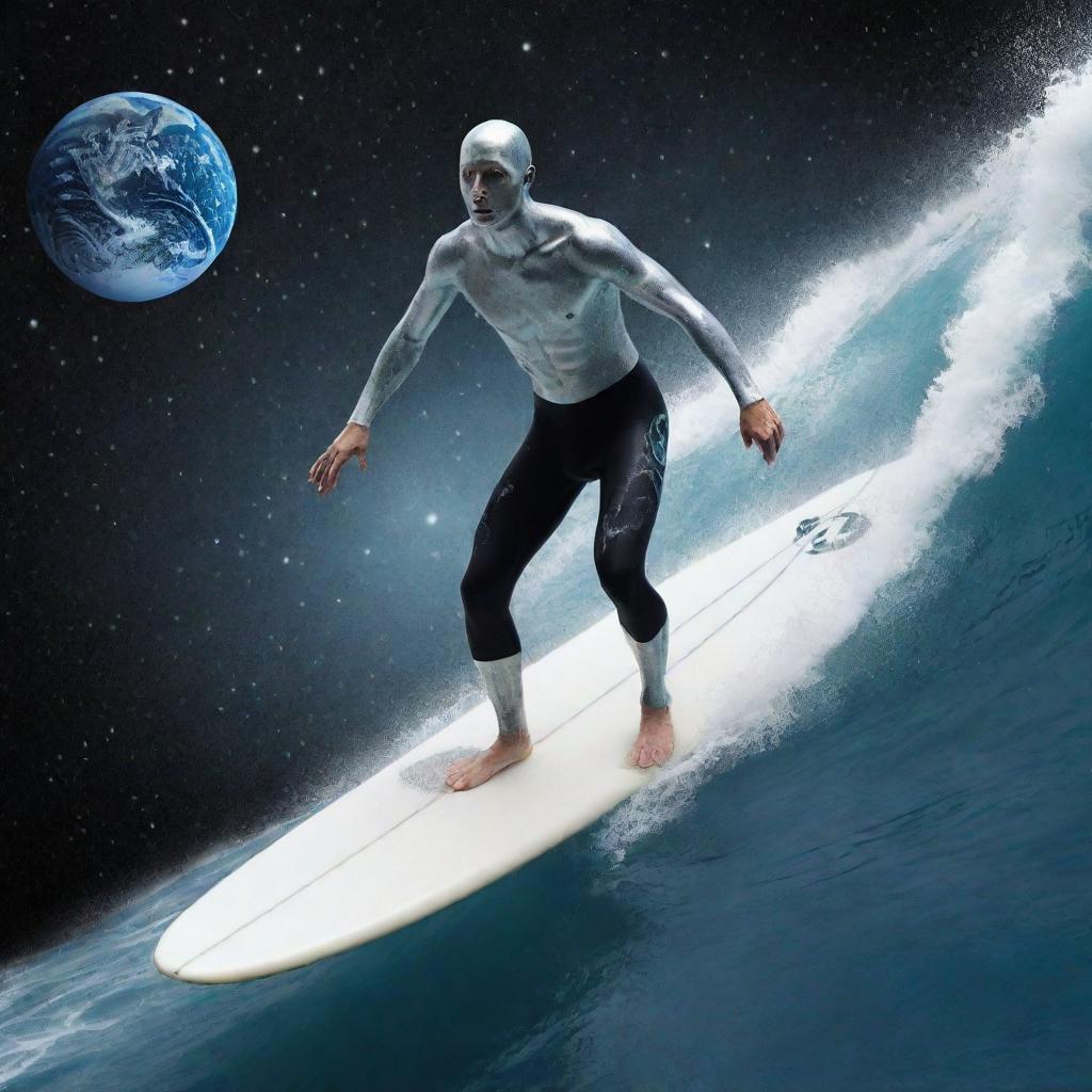 A man with silver skin, standing on a surfboard and surfing in outer space, his board creating a trail of cosmic waves, positioned near the Earth.