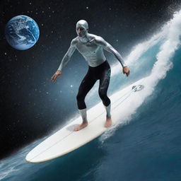 A man with silver skin, standing on a surfboard and surfing in outer space, his board creating a trail of cosmic waves, positioned near the Earth.