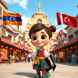 a Disney Pixar-style cartoon girl, filled with a playful spirit and curiosity, set in a vibrant city square that creatively merges cultural and architectural elements from Armenia, Azerbaijan, and Georgia