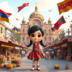 a Disney Pixar-style cartoon girl, filled with a playful spirit and curiosity, set in a vibrant city square that creatively merges cultural and architectural elements from Armenia, Azerbaijan, and Georgia