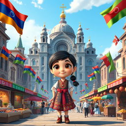 a Disney Pixar-style cartoon girl, filled with a playful spirit and curiosity, set in a vibrant city square that creatively merges cultural and architectural elements from Armenia, Azerbaijan, and Georgia