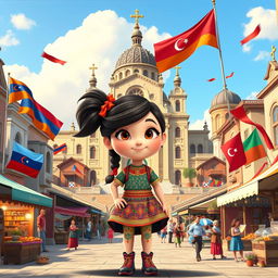 a Disney Pixar-style cartoon girl, filled with a playful spirit and curiosity, set in a vibrant city square that creatively merges cultural and architectural elements from Armenia, Azerbaijan, and Georgia