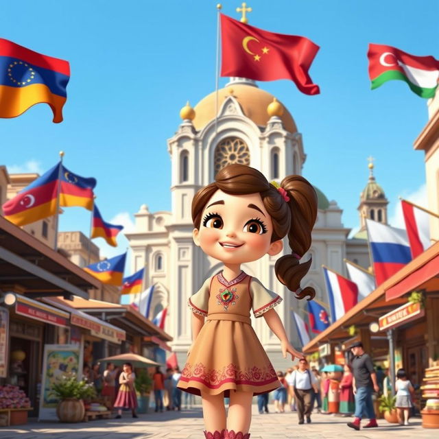 a joyful and curious Disney Pixar-style cartoon girl in a bustling city square that harmoniously blends the cultural and architectural essence of Armenia, Azerbaijan, and Georgia